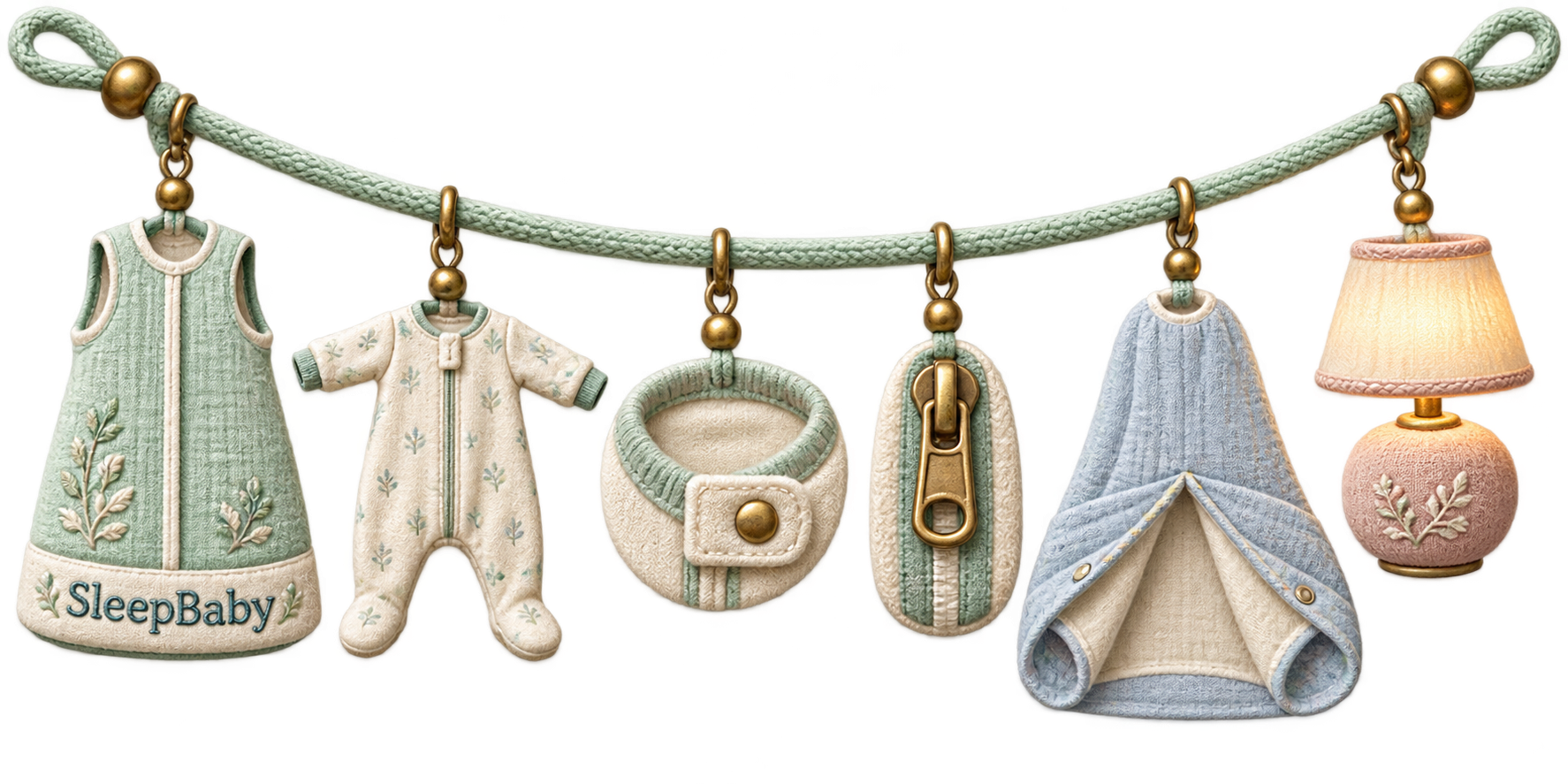 Mint charm strand with a sleeveless sleep sack, pajamas, neck opening, zipper, roomy garment bottom, and bedside lamp.
