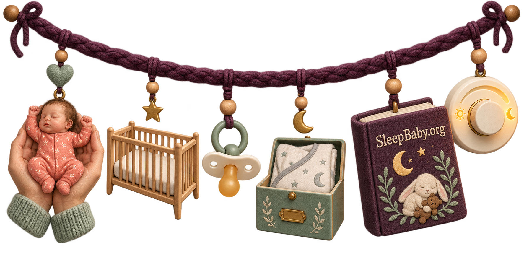 Plum charm strand with a baby in supporting hands, bare crib, pacifier, stored swaddle, SleepBaby.org book, and dimmer.