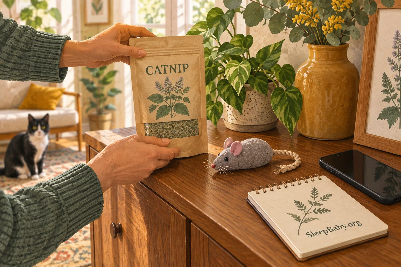 Adult hands holding a catnip pouch beside a fabric mouse toy, phone, and SleepBaby.org notebook.