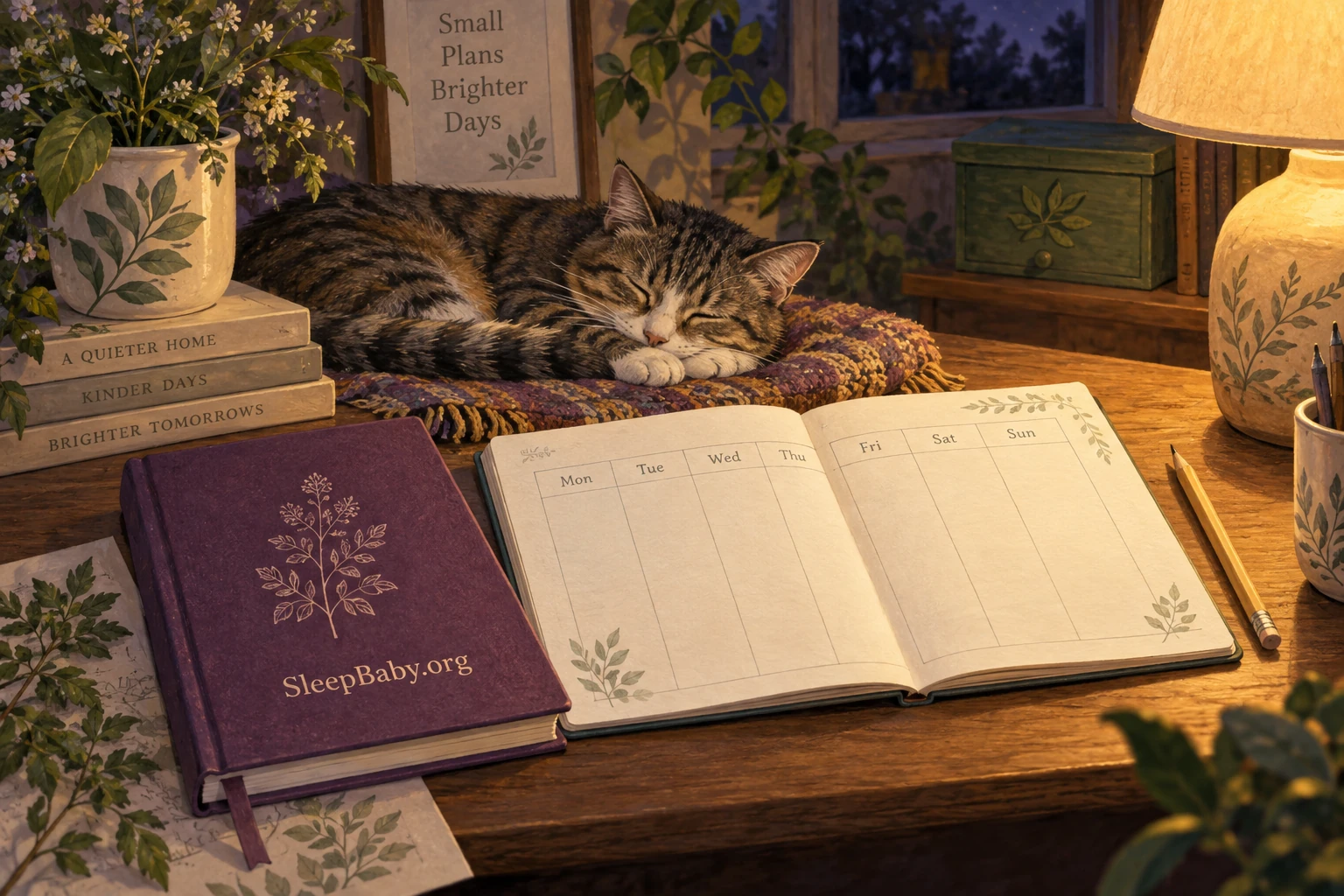 SleepBaby.org notebook and weekly paper tracker beside a warm lamp and sleeping cat.