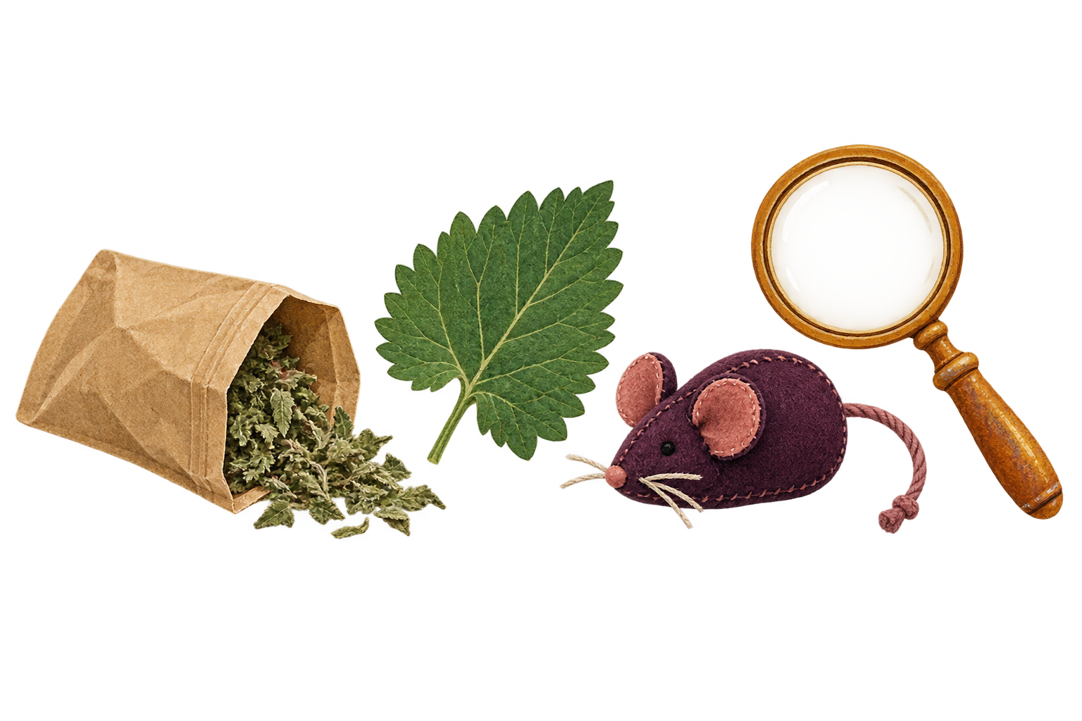 Catnip pouch, toothed leaf, fabric mouse toy, and magnifier on a transparent background.
