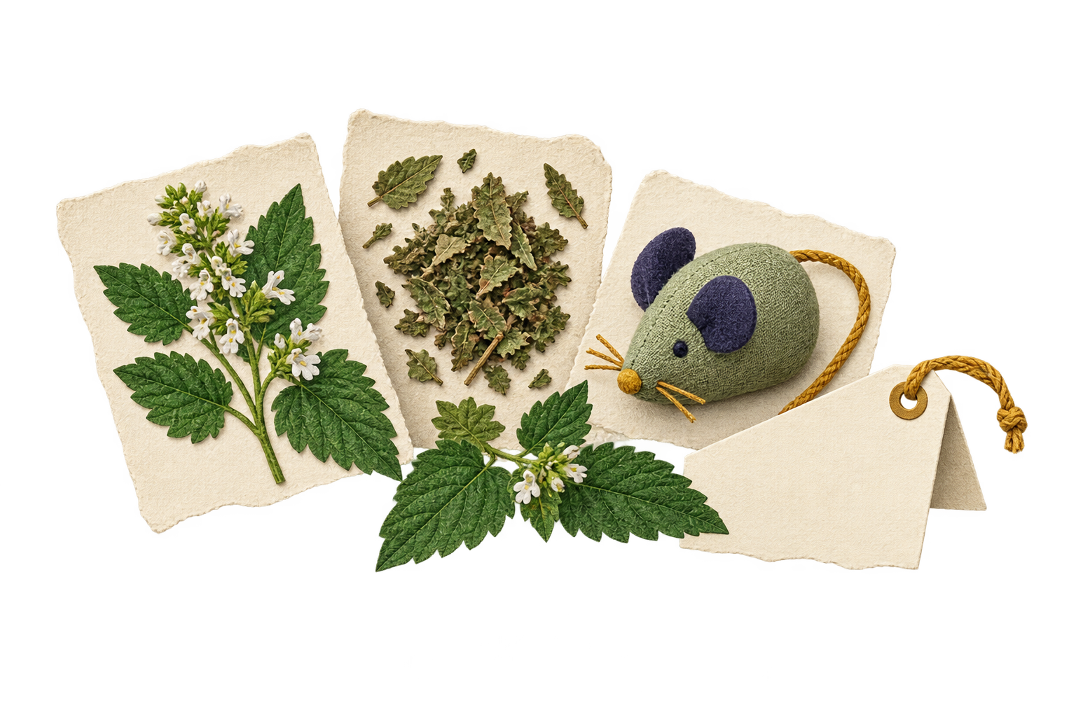 Botanical specimen cards with catnip forms and a blank ingredient tag on transparency.