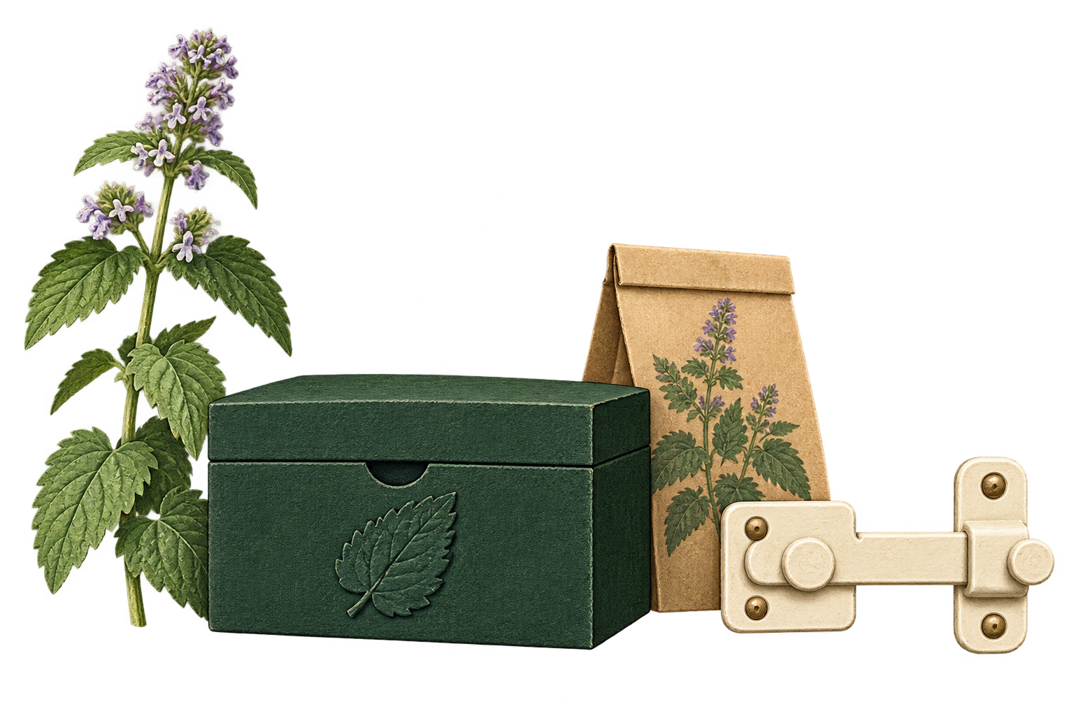 Closed green supply box, cabinet lock, folded pouch, and leaf stem on transparency.