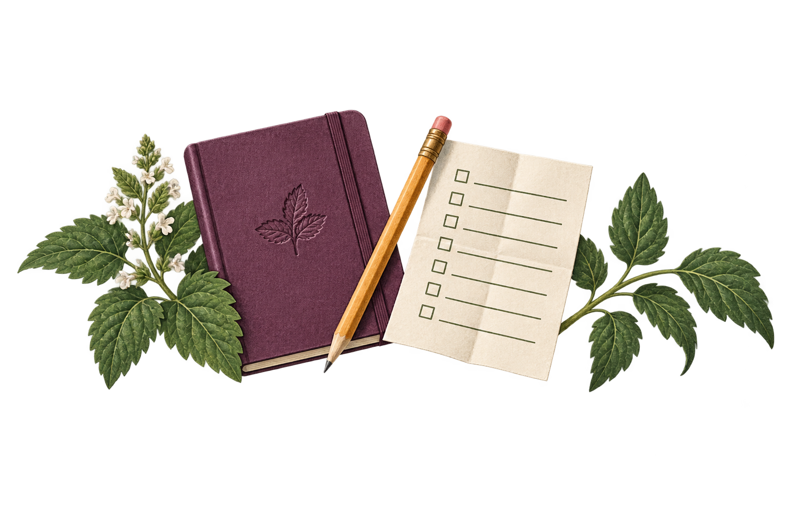 Plum notebook, pencil, blank weekly paper, and leafy branch on transparency.