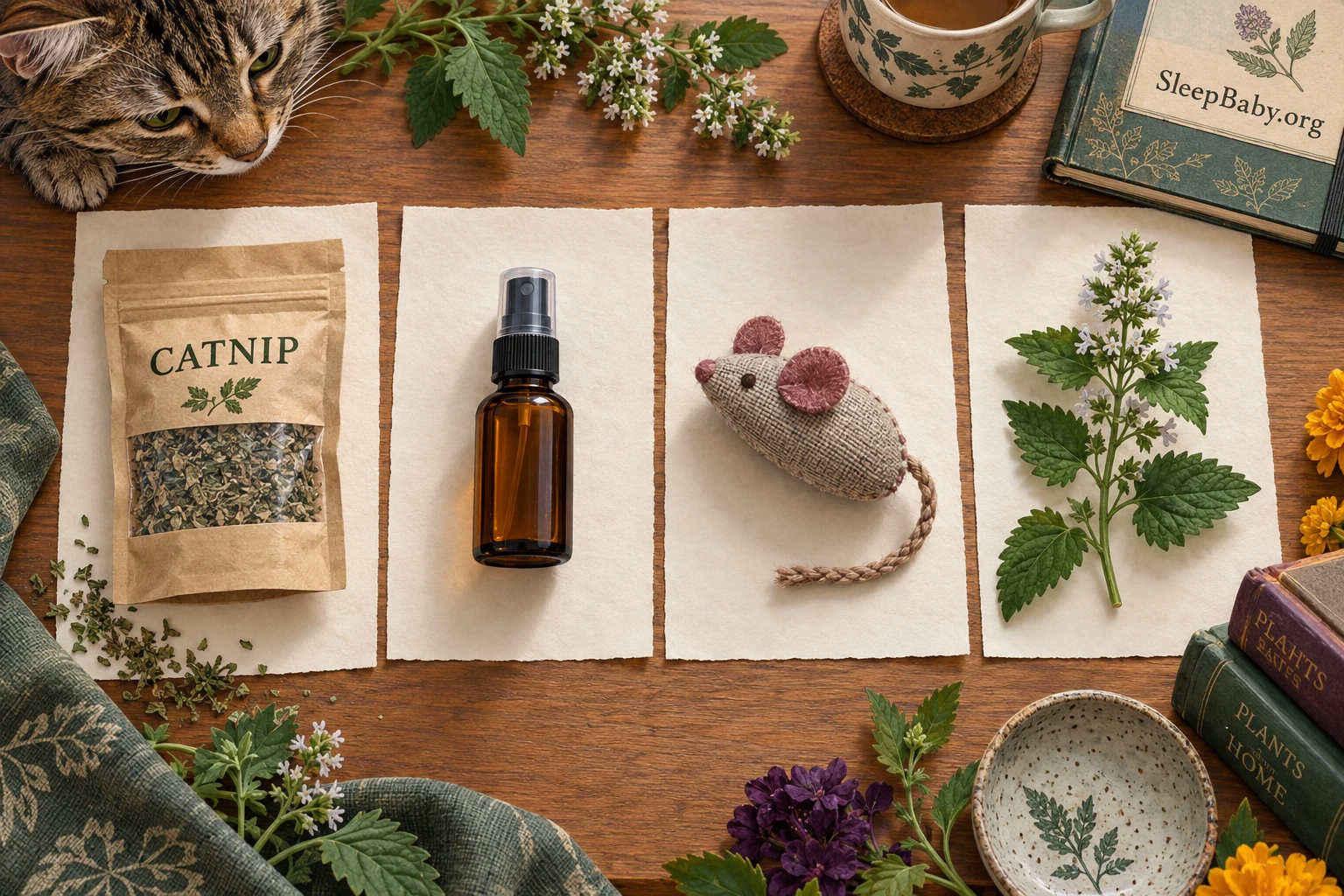 Dried catnip pouch, spray bottle, fabric mouse toy, and leafy sprig on separate cards.