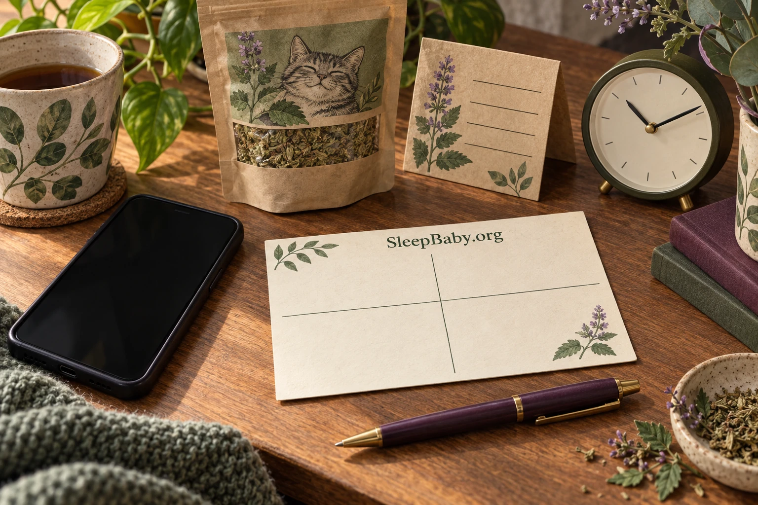 Blank four-part note card, phone, clock, and catnip package on a desk.