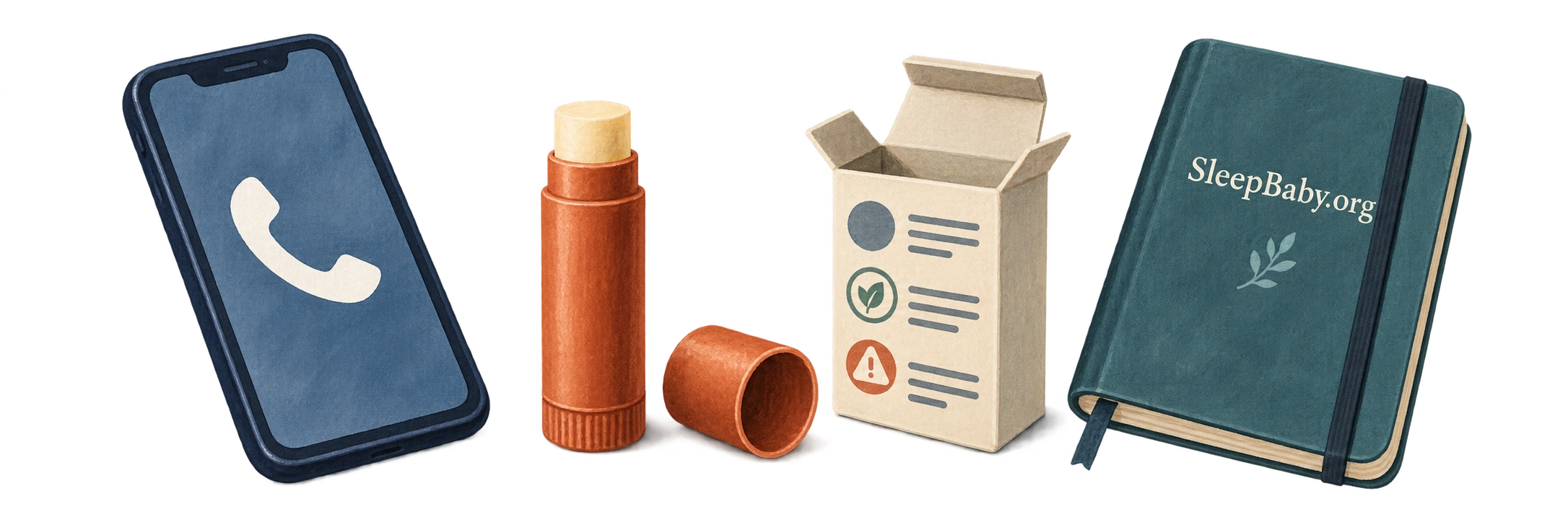 A phone, lip-balm tube, cap, carton and notebook form a transparent illustrated divider.