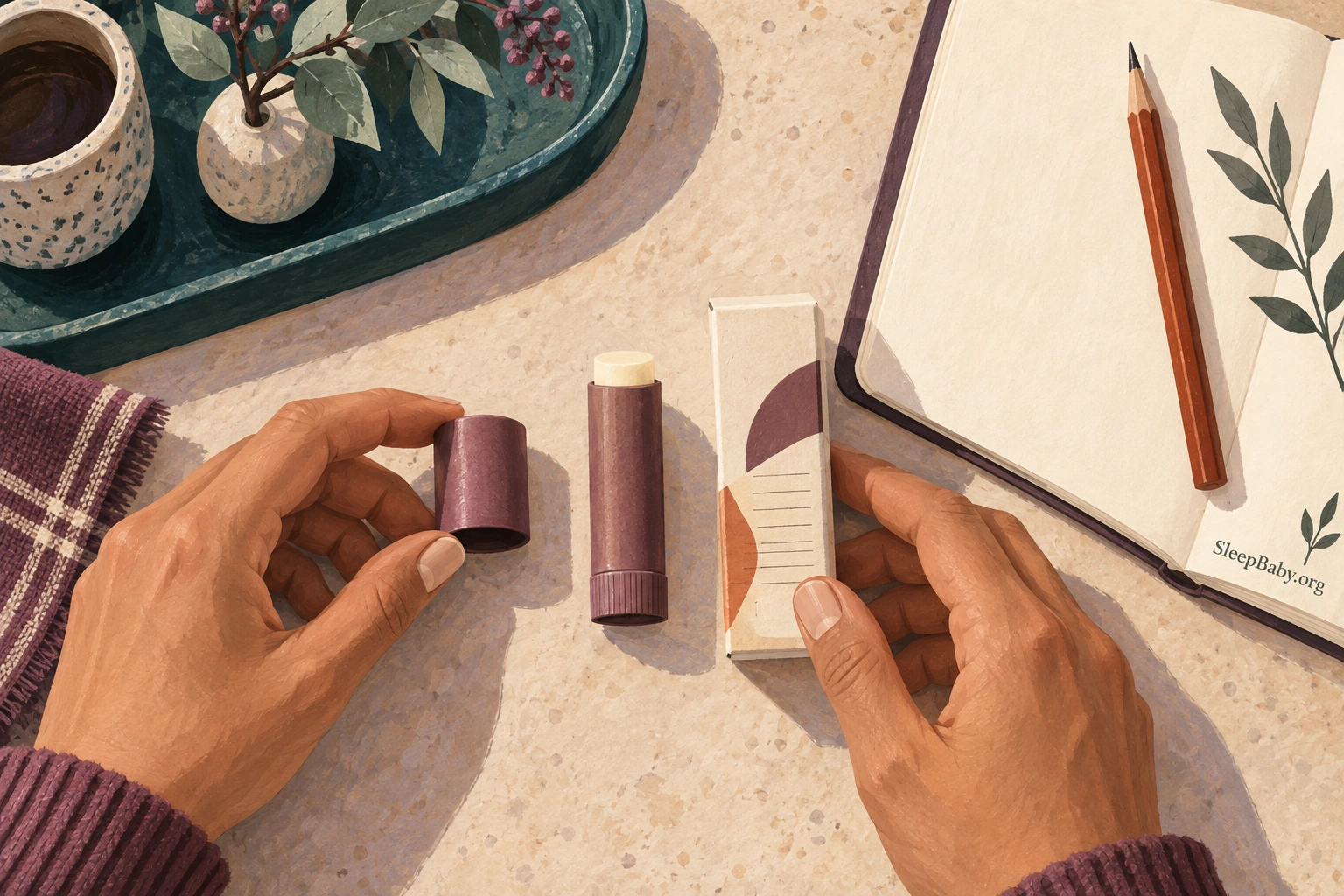 Hands arrange a lip-balm tube, its separate cap and carton beside a notebook.