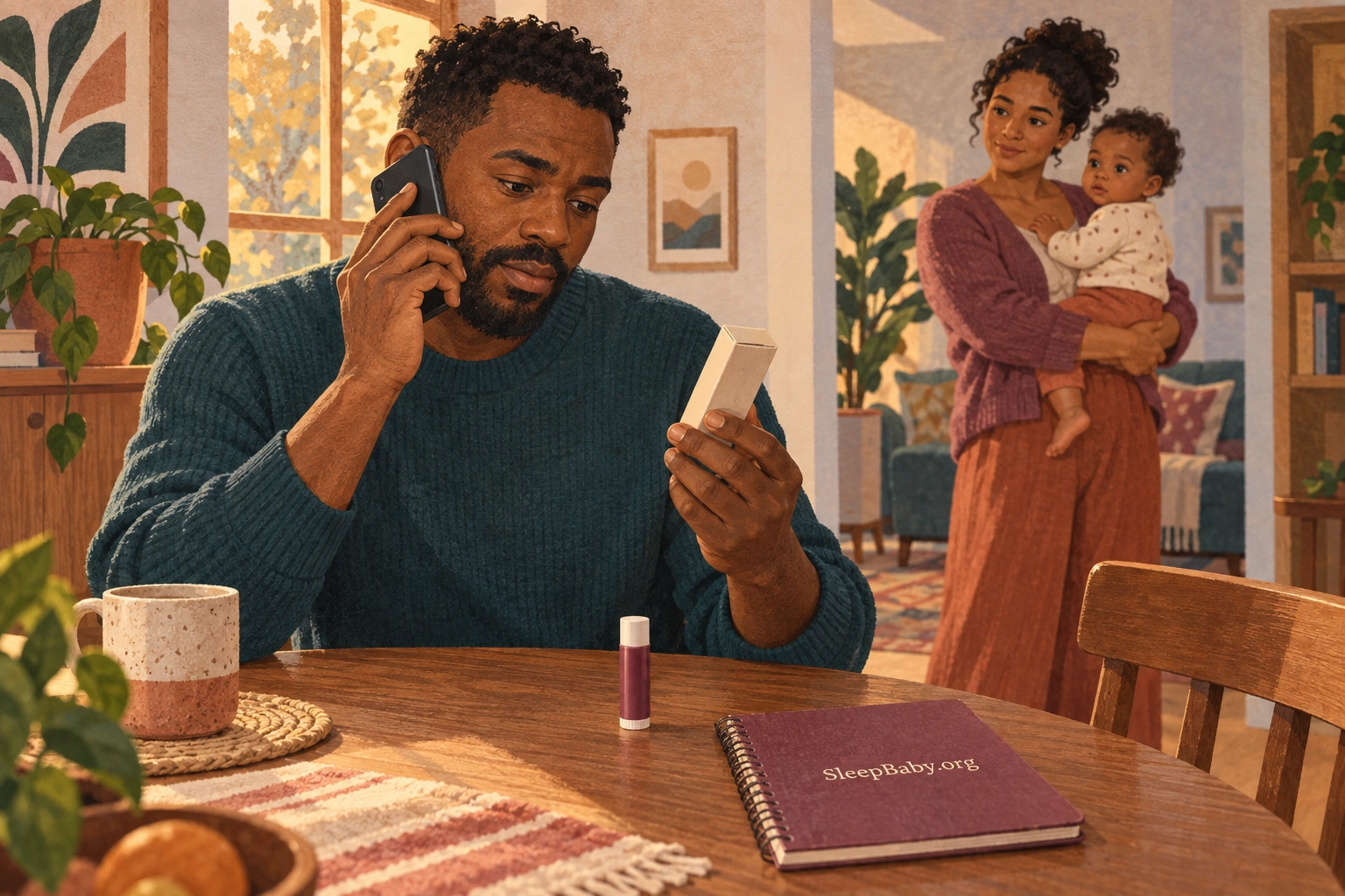 A father reads a lip-balm carton during a phone call while another caregiver holds the baby.