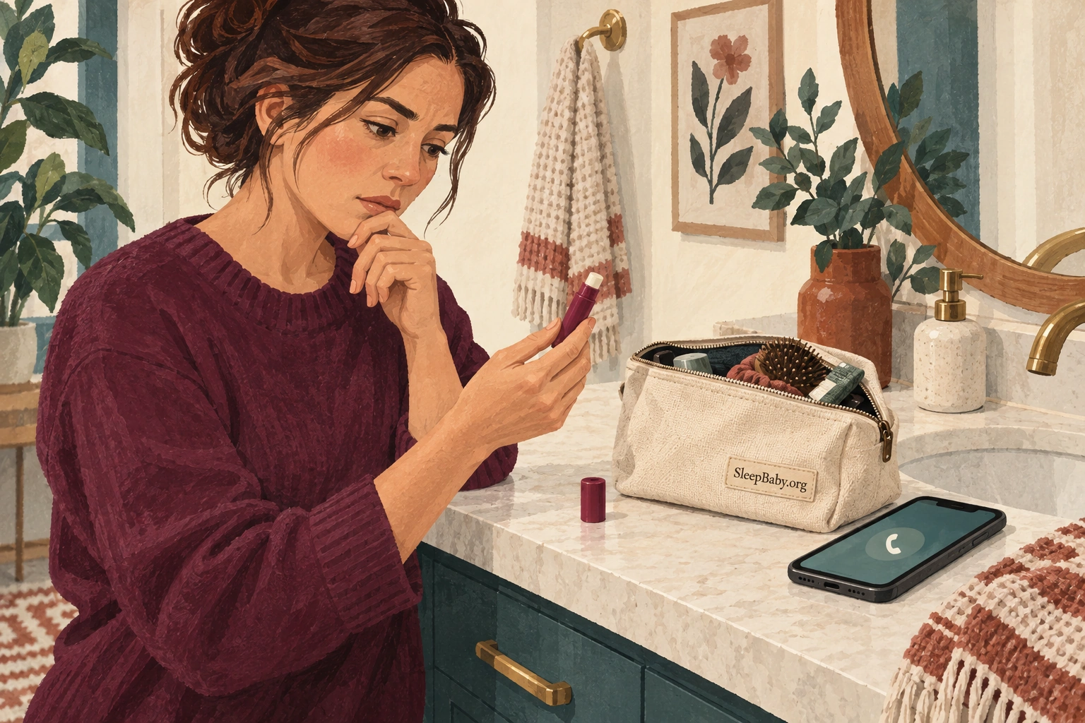 An adult examines an unbranded lip-balm tube on a bathroom counter.
