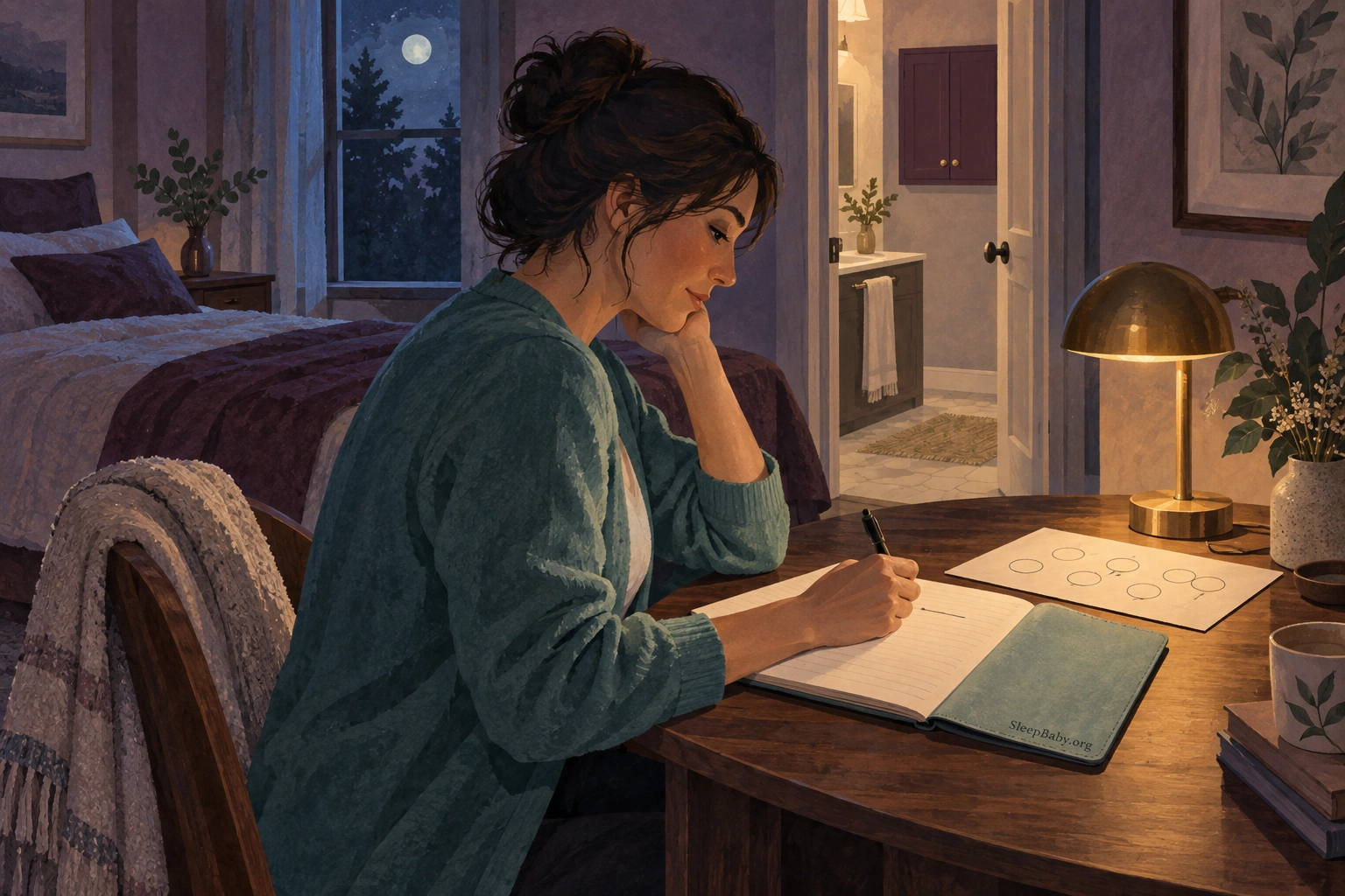 A parent writes in a notebook under a desk lamp, with a closed bathroom cabinet in the background.