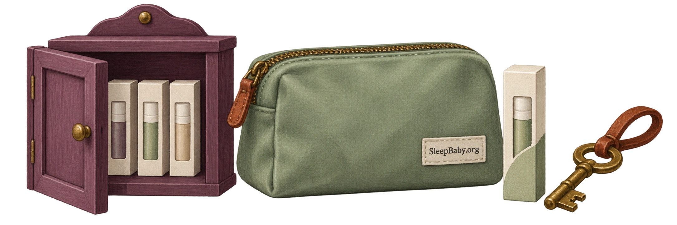 A cabinet of lip products, closed pouch, carton and key form a transparent illustrated divider.