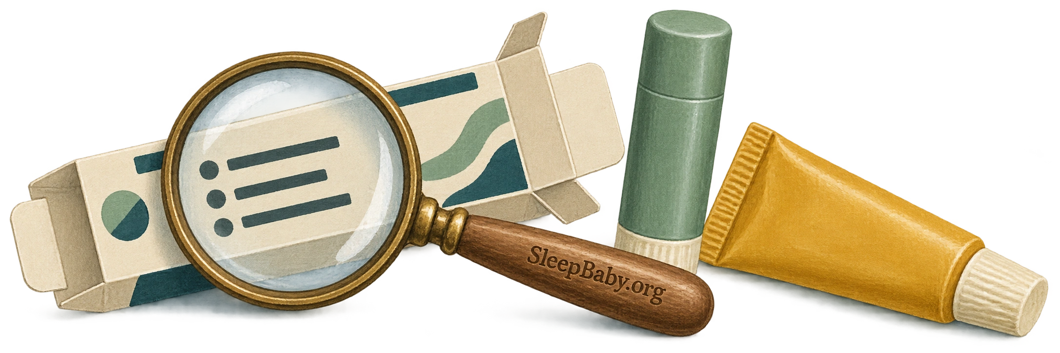 A magnifying glass crosses a carton beside a capped lip-balm stick and an ointment tube.