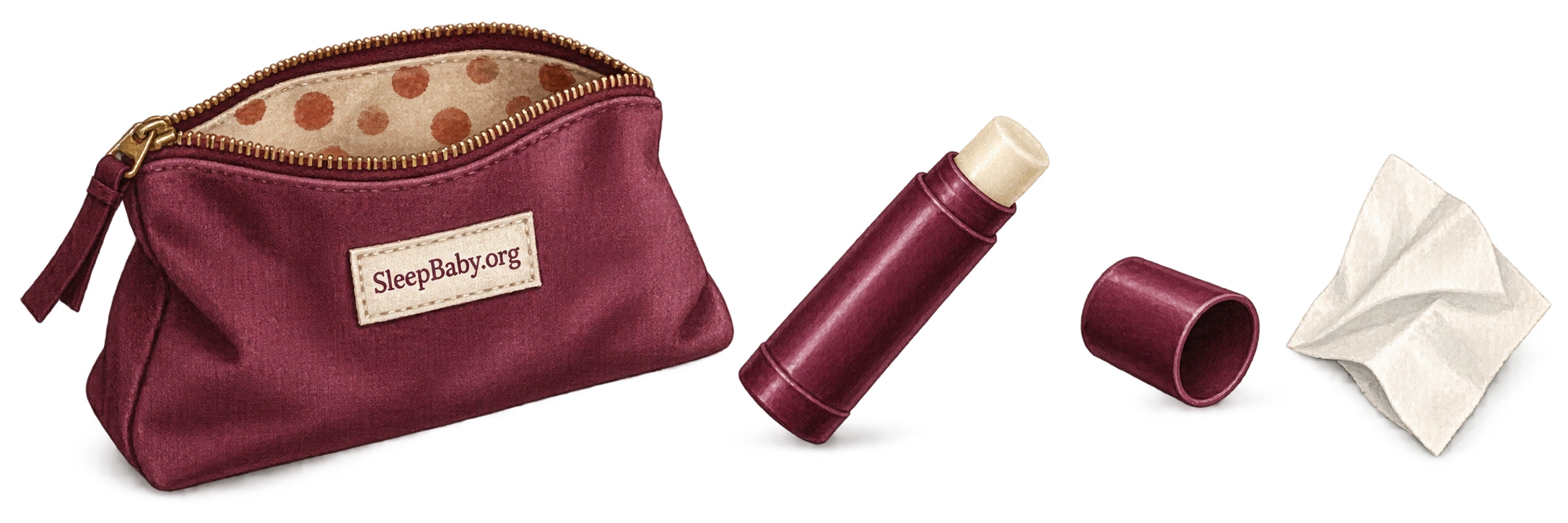 A toiletry pouch, open lip-balm tube, cap and tissue form a transparent illustrated divider.