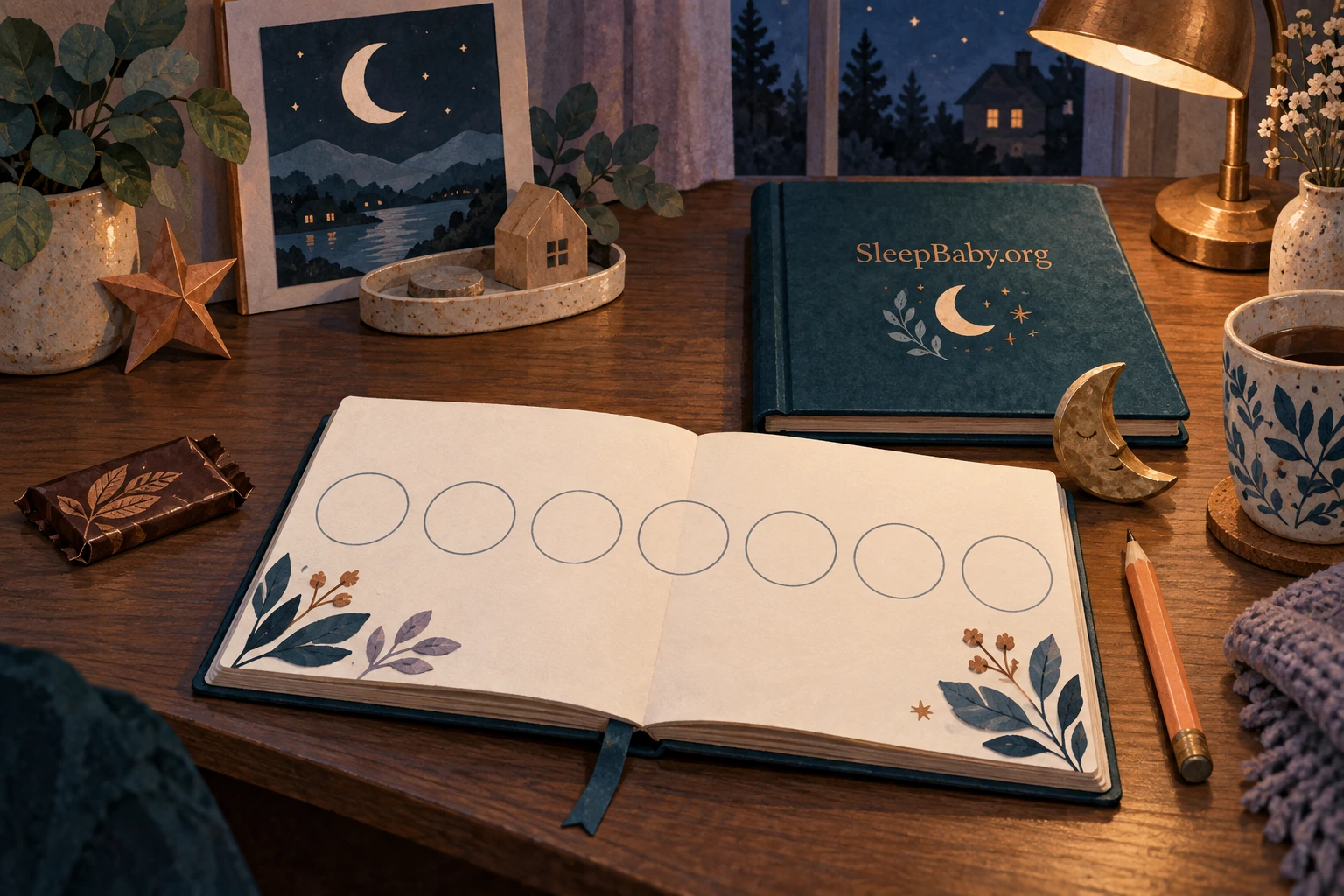 A seven-circle notebook sits under lamplight, separate from a closed chocolate wrapper.