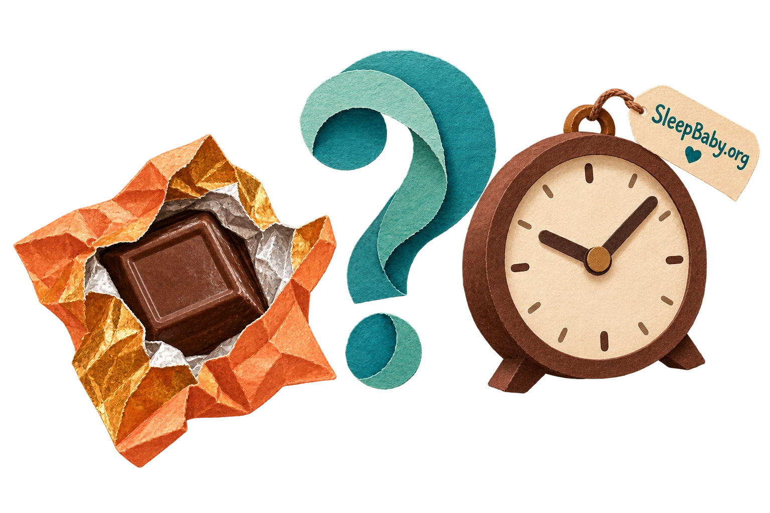 Chocolate wrapper, question mark and clock in a transparent paper-cut illustration.