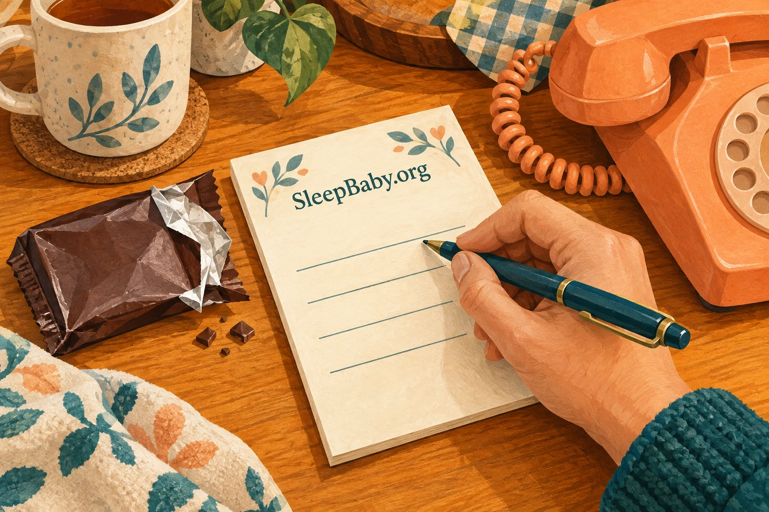 An adult writes on a note card beside a wrapper and telephone.