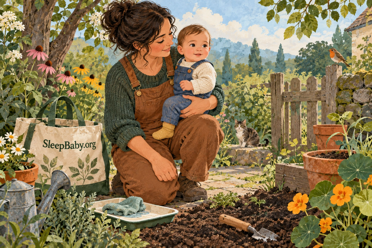 A parent holds an alert baby away from a garden soil patch, with a cloth nearby.
