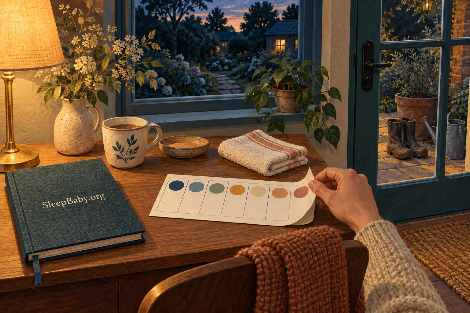 An evening notebook and seven-part paper tracker sit by a window overlooking a garden.