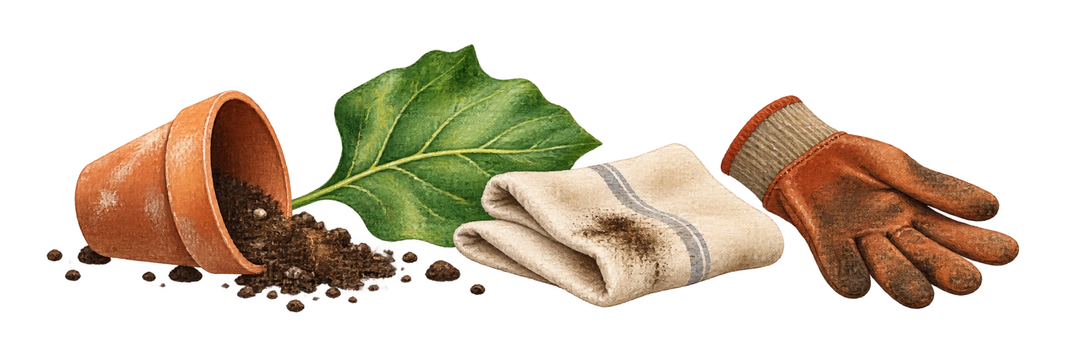 Cutout illustration of a tipped pot, soil, leaf, cloth and garden glove.
