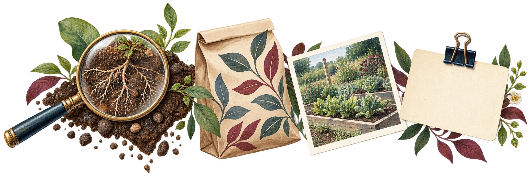 Cutout illustration of a magnifier over soil, a bag, a garden photo and a blank note.