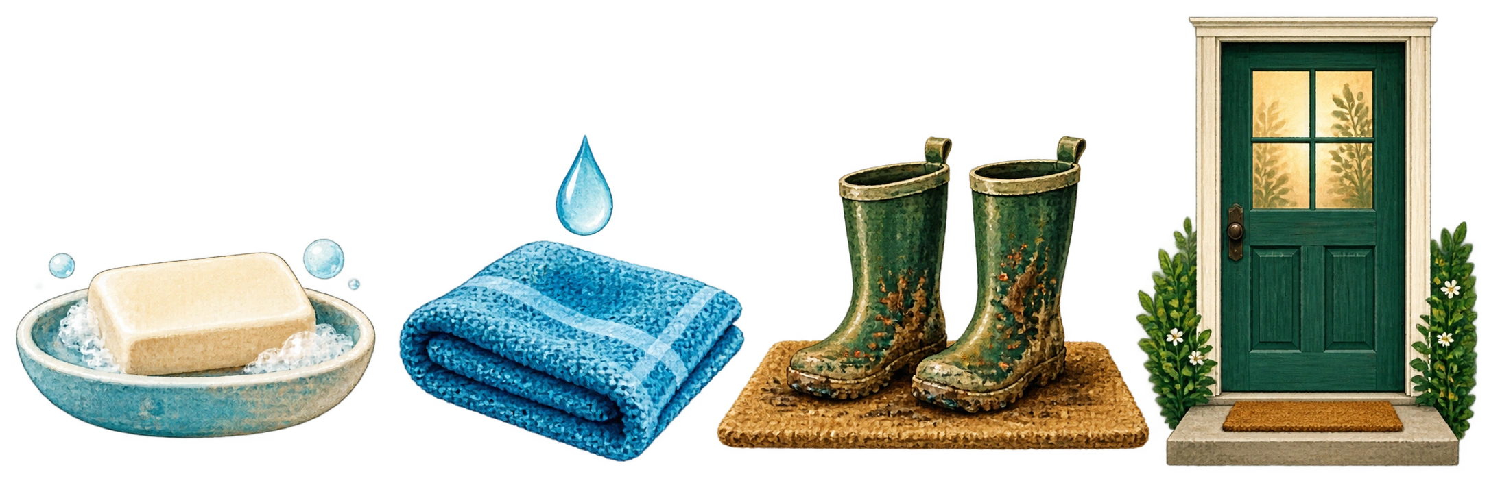 Cutout illustration of soap, a cloth, muddy boots and a closed garden door.