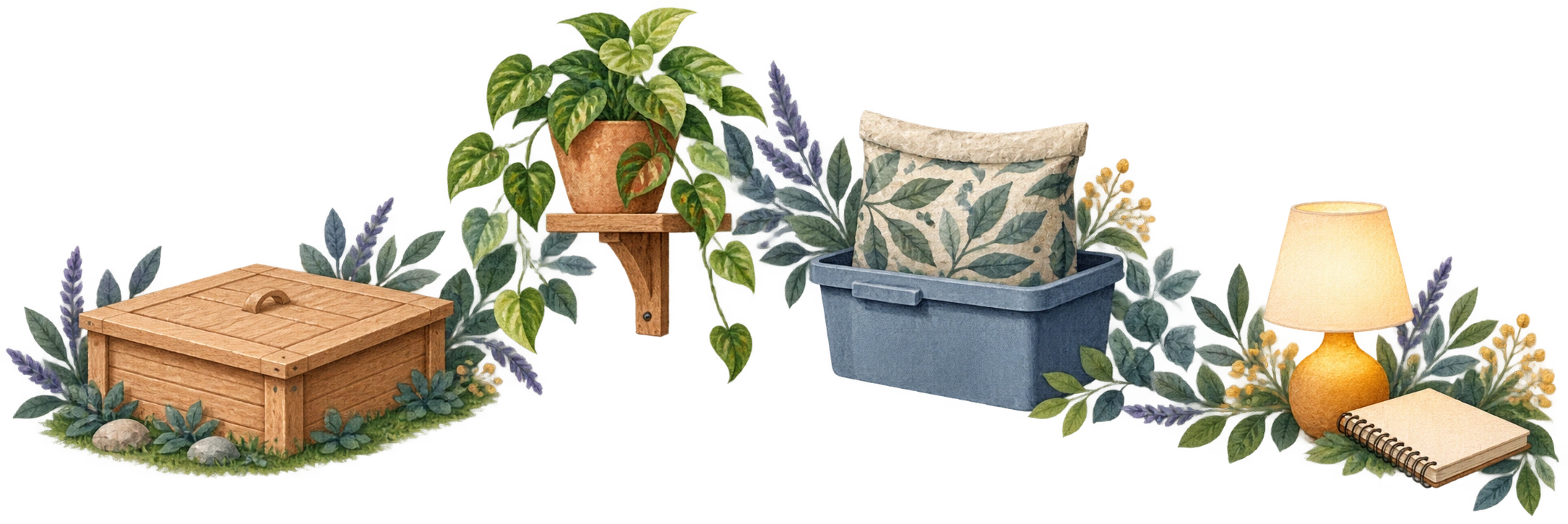 Cutout illustration of a covered sandbox, raised plant, soil storage and evening notebook.