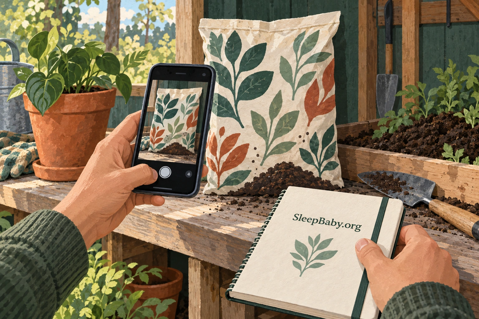 An adult photographs an unbranded soil bag beside a garden notebook.