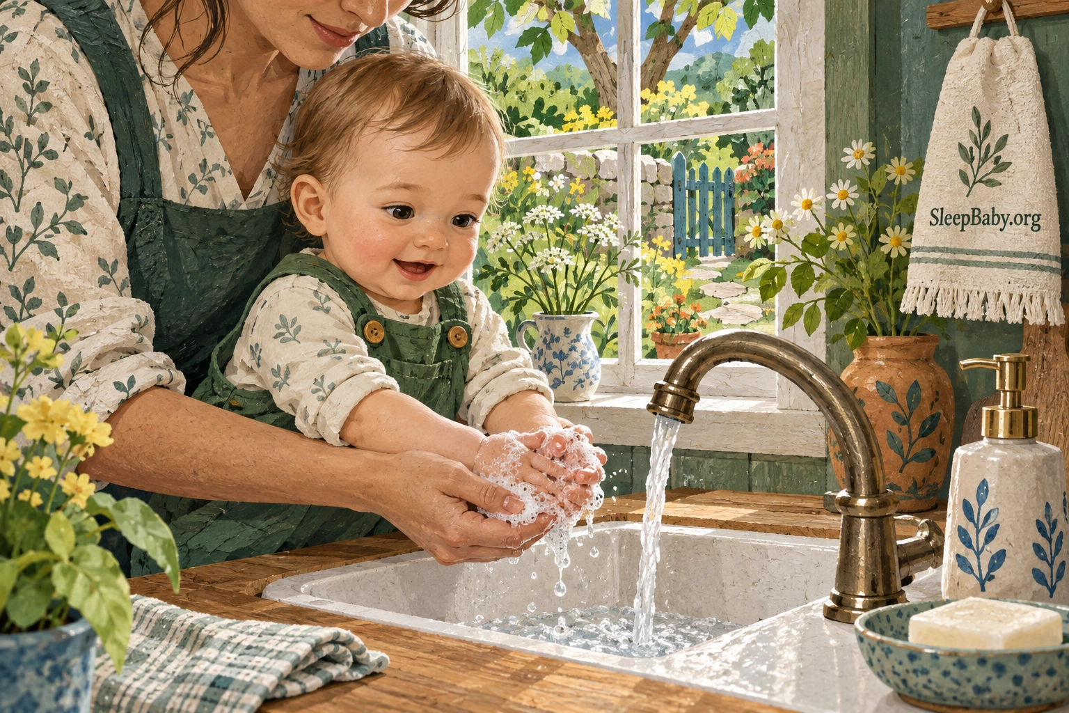 A parent supports a baby while helping wash small hands with soap and running water.