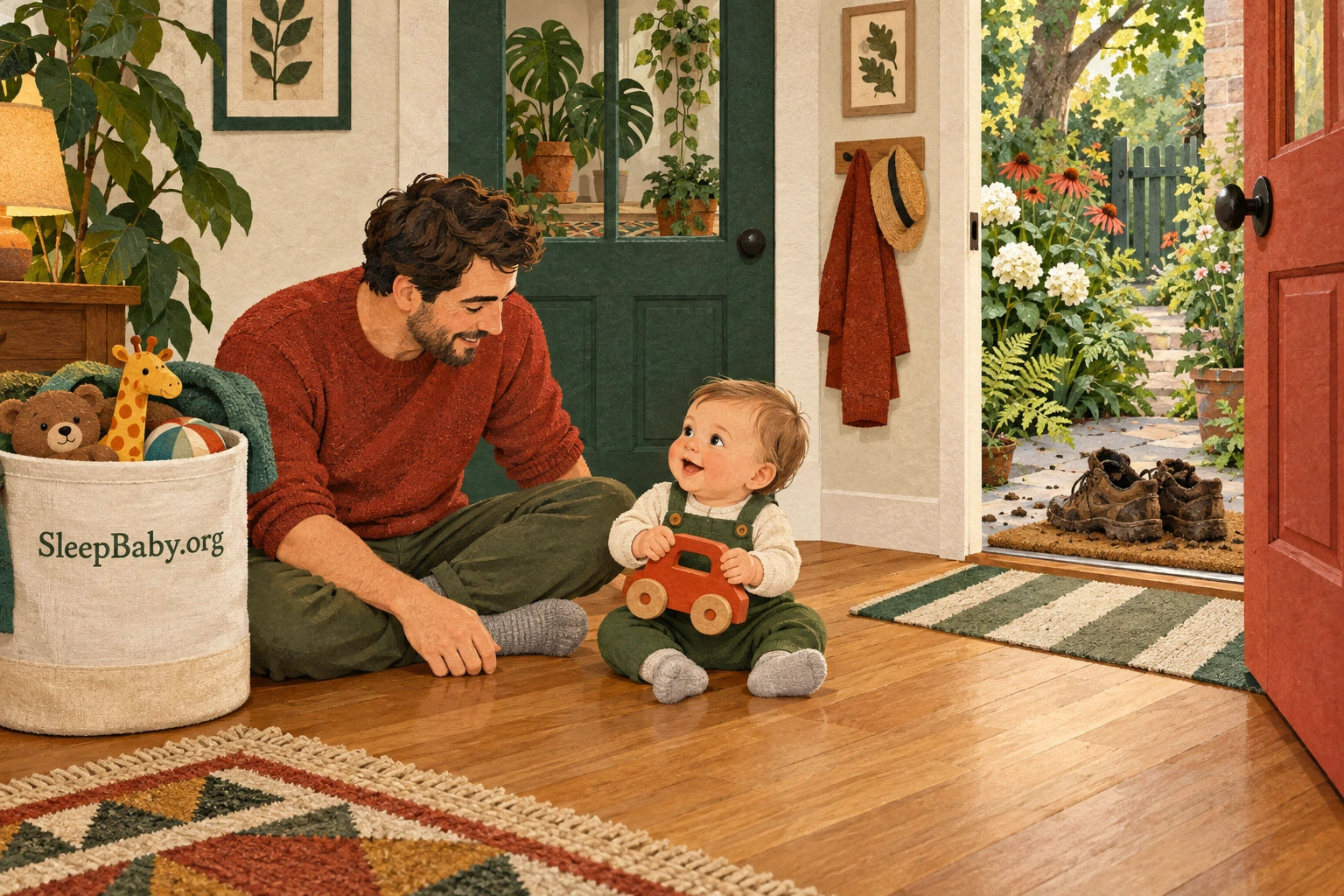 An adult sits beside an awake baby on a clear indoor floor while muddy shoes remain outside.