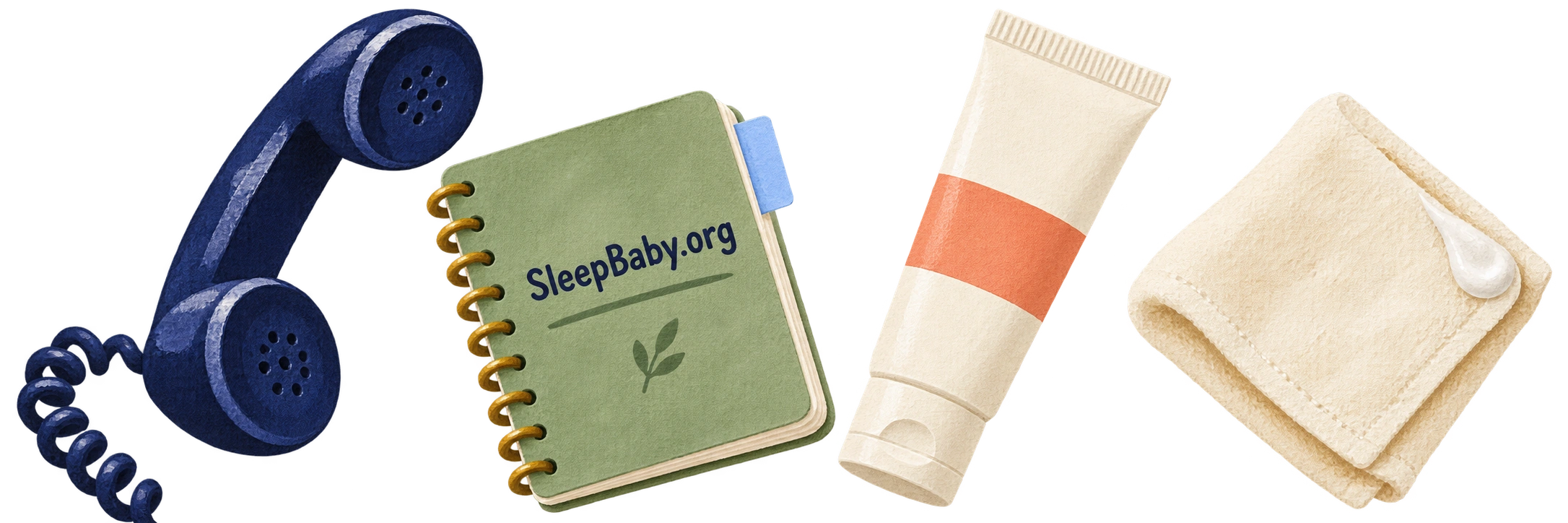 A phone receiver, notebook, closed skincare tube, and washcloth.