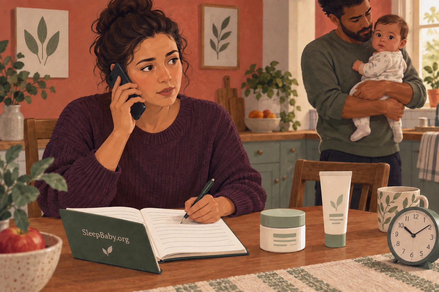 A parent calling for advice with the cream container nearby while another adult holds the baby.