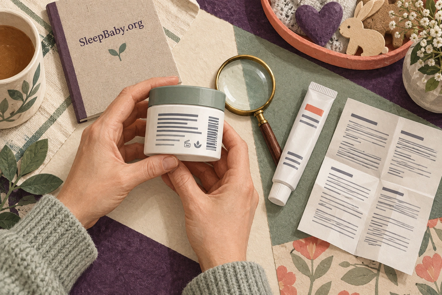 Hands examining the back of a cosmetic jar beside a tube and ingredient leaflet.