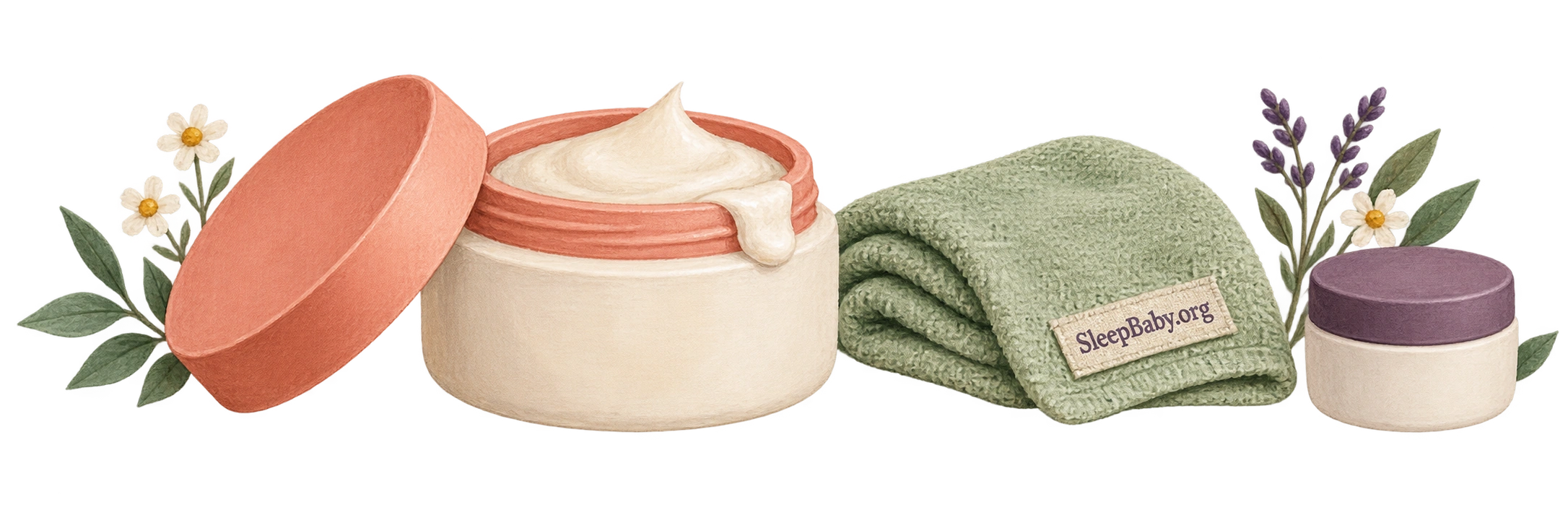 A cosmetic jar, its lid, a washcloth, and a small travel pot.