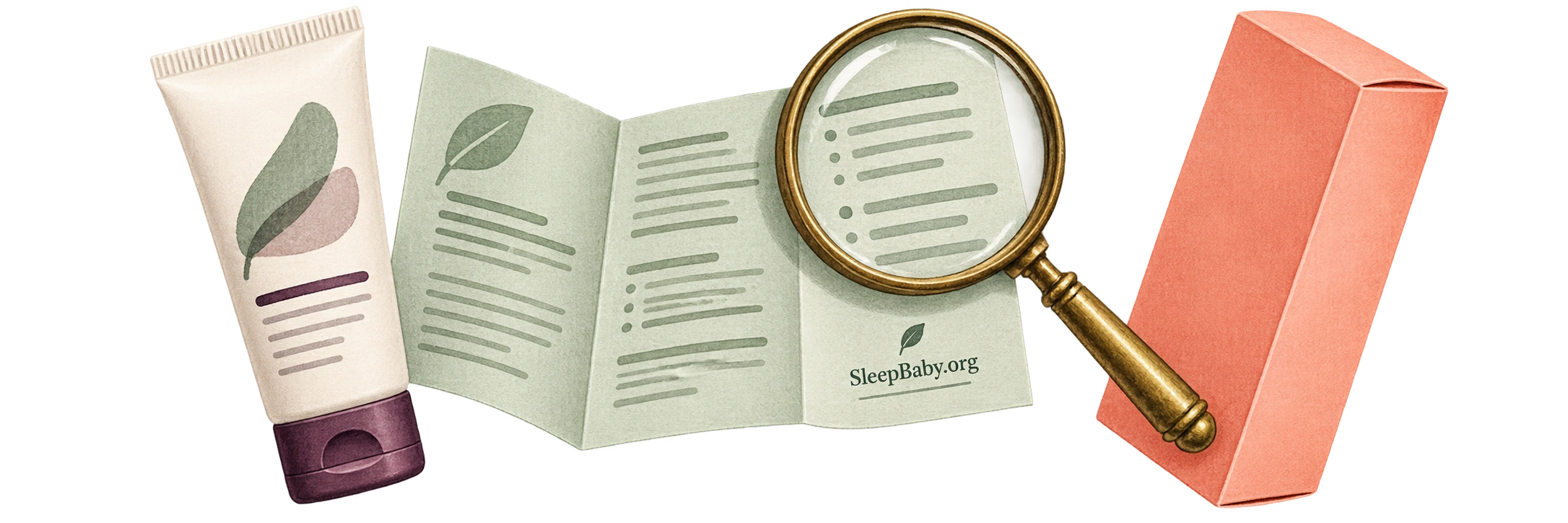 A skincare tube, ingredient leaflet, magnifying glass, and outer carton.