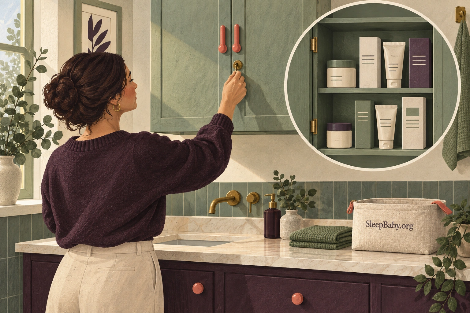 An adult locking a high cupboard; an inset shows skincare containers stored inside.
