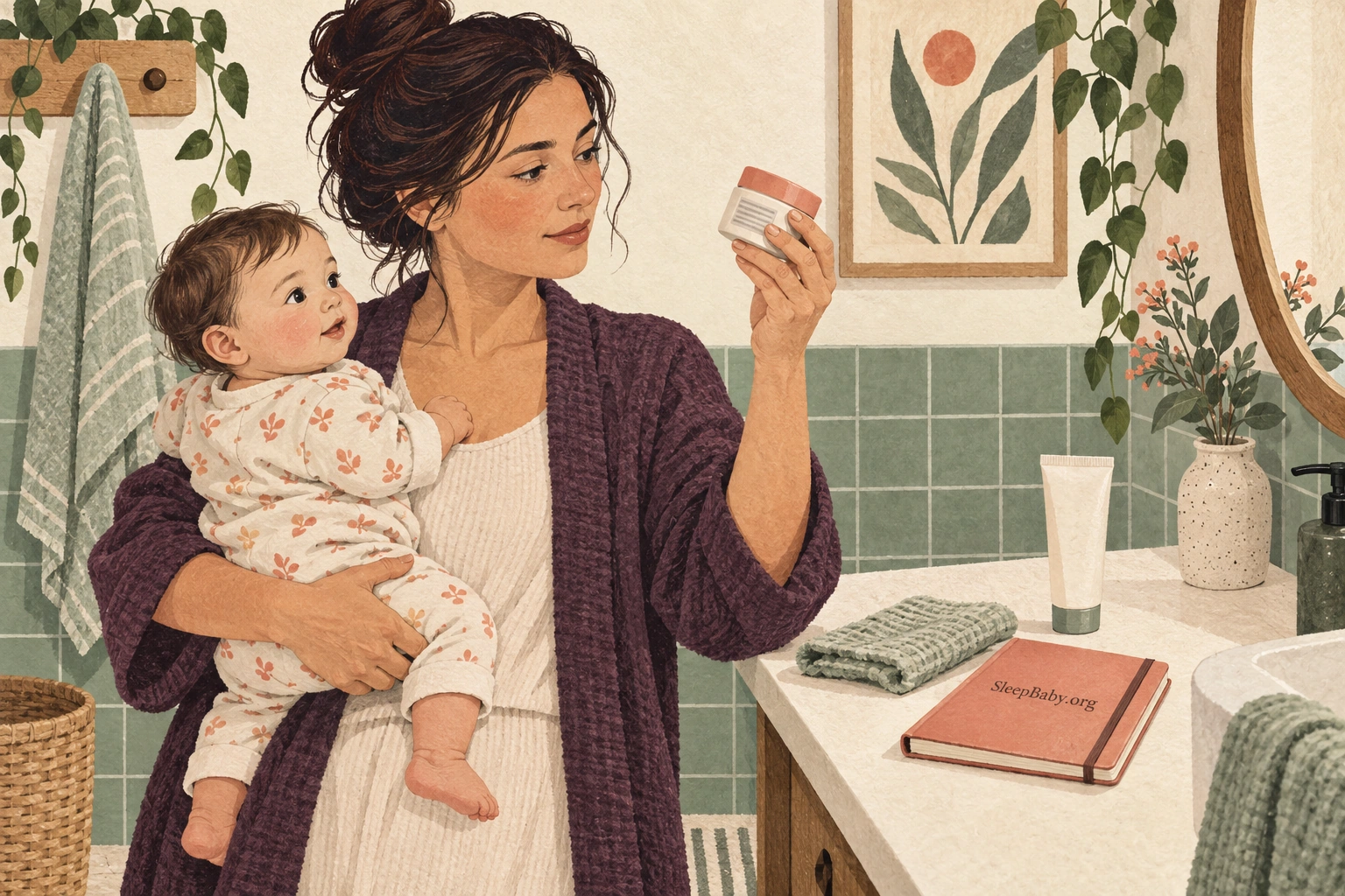 A parent reading a face-cream label while holding an awake baby.