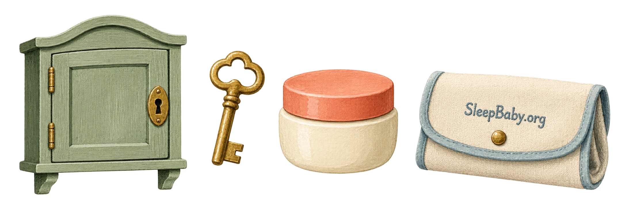 A closed cupboard, key, cosmetic jar, and travel pouch.