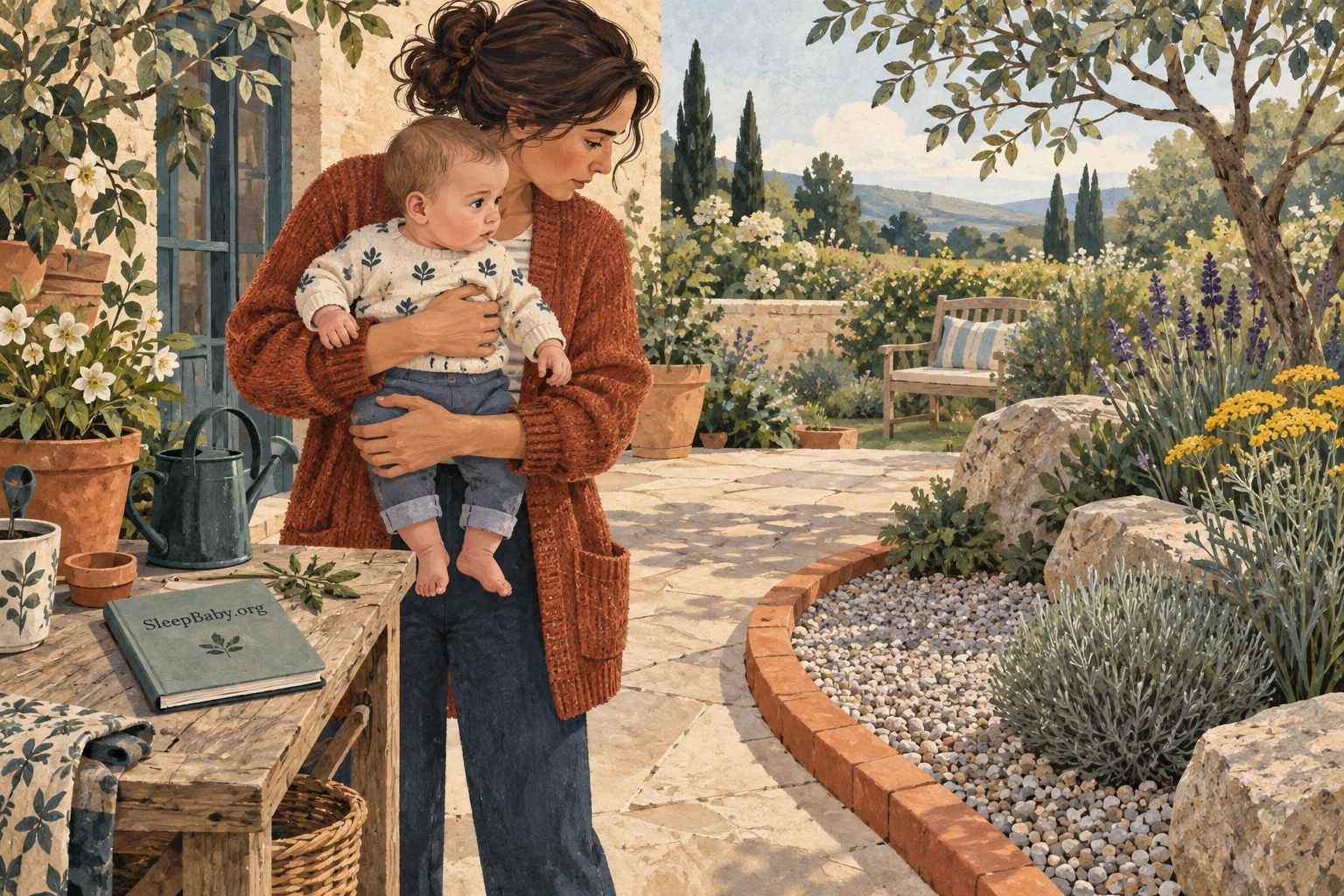 A parent holds an alert baby away from a gravel garden border.