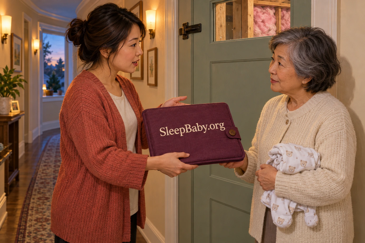Two caregivers share a care folder beside a closed repair-room door, with clean baby pajamas ready.