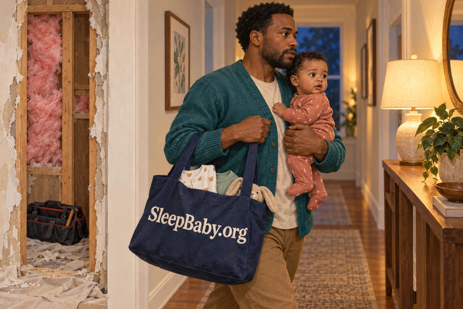 Father holds an awake baby in a clean hallway beside a damaged wall with pink insulation, carrying a navy care tote.