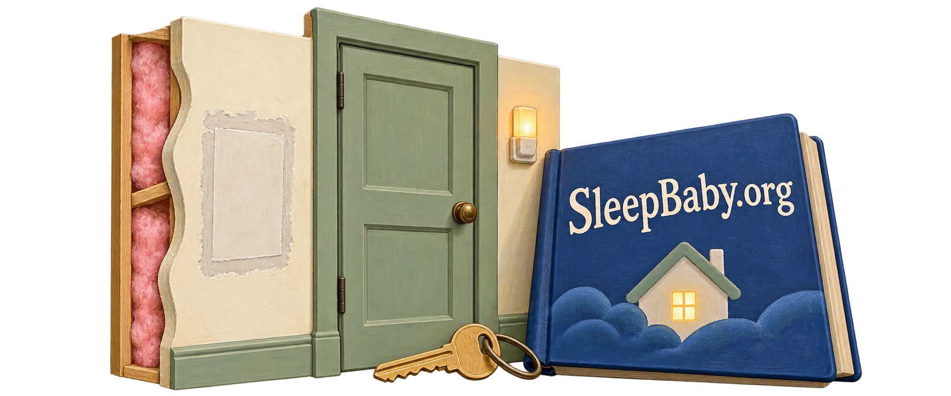 Illustrated repaired wall panel and closed door with a key beside a caregiver bedtime book.