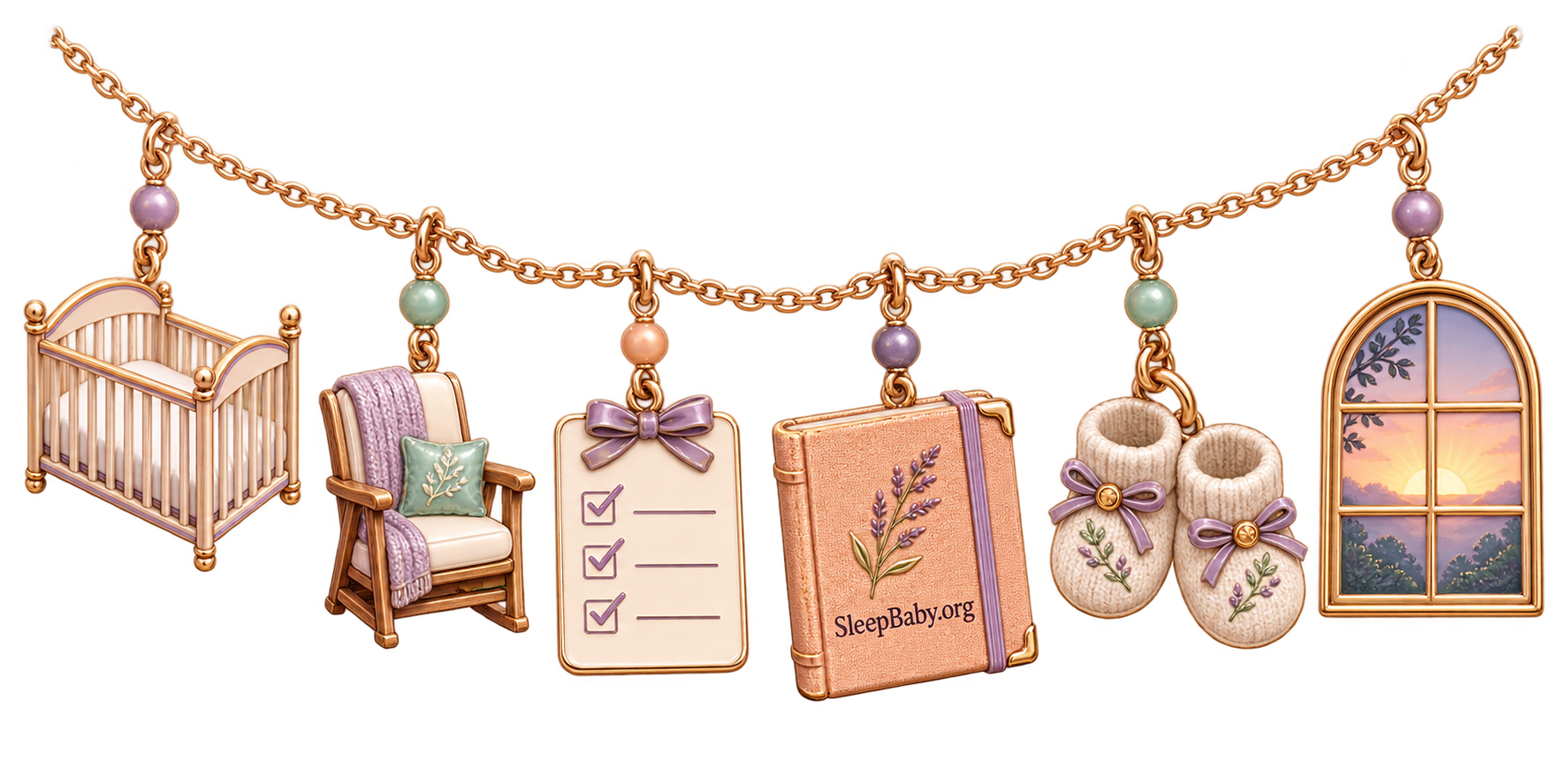 Gold charm strand with an empty crib, caregiver chair, checklist, SleepBaby.org journal, baby booties, and dawn window.
