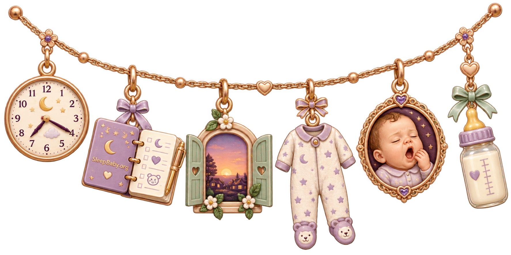 Gold charm strand with a clock, SleepBaby.org notebook, sunset window, pajamas, yawning baby cameo, and feeding bottle.