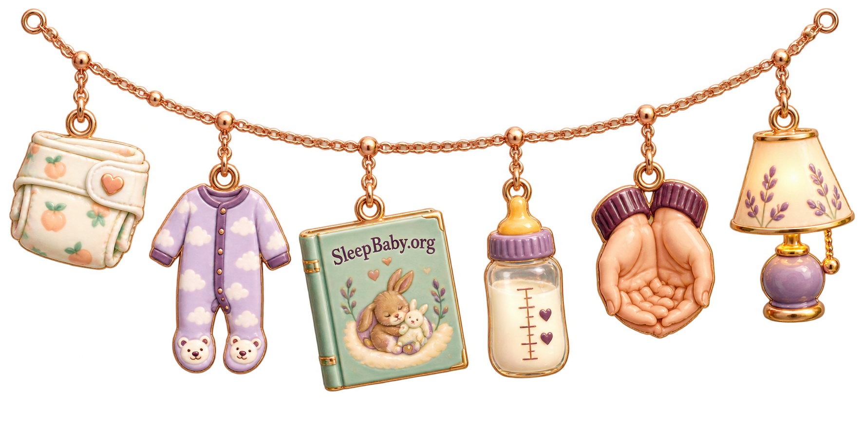 Gold charm strand with a diaper, pajamas, SleepBaby.org picture book, feeding bottle, cupped hands, and reading lamp.