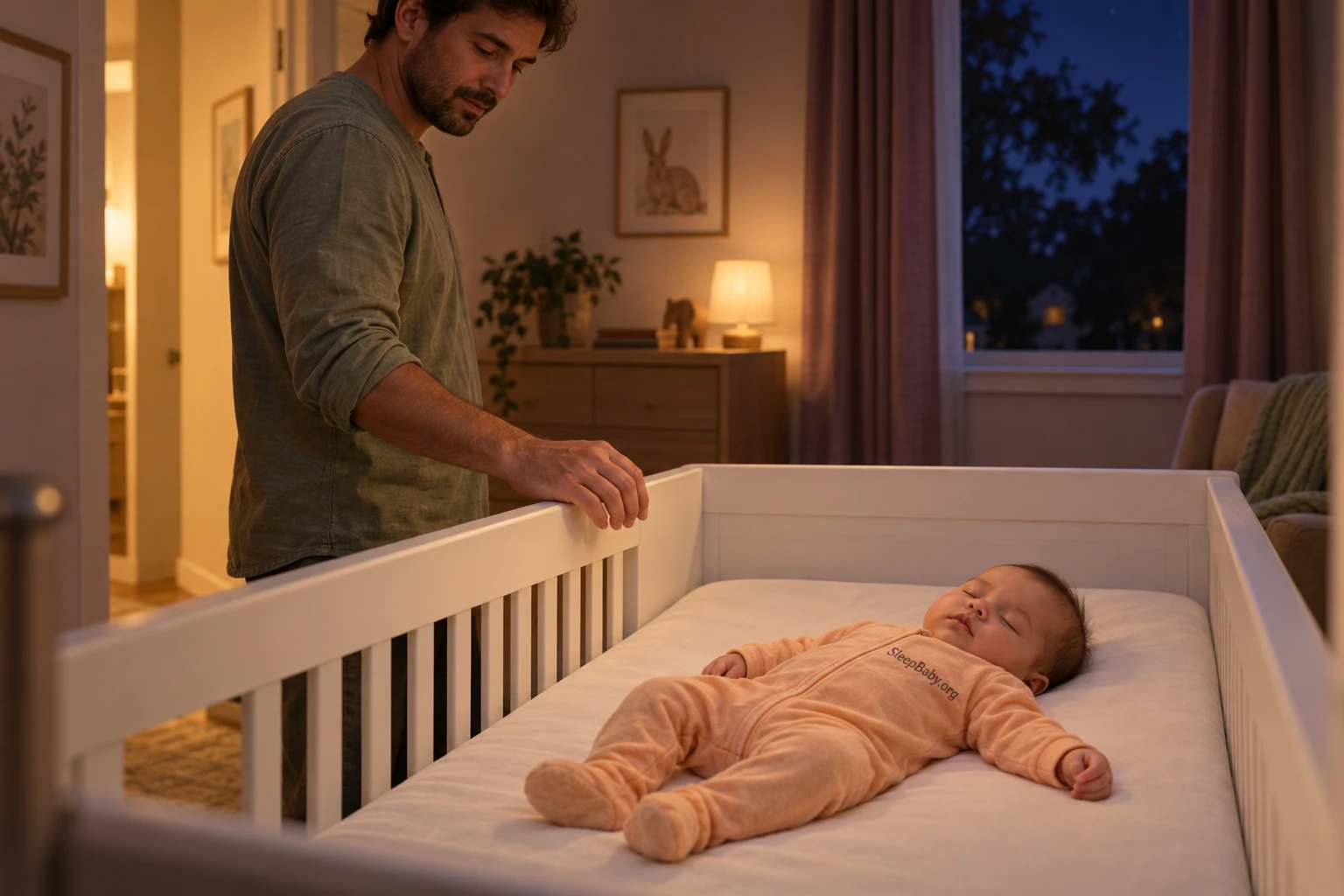 Father beside a crib where a baby sleeps on their back in SleepBaby.org pajamas, with only a fitted sheet on the mattress.