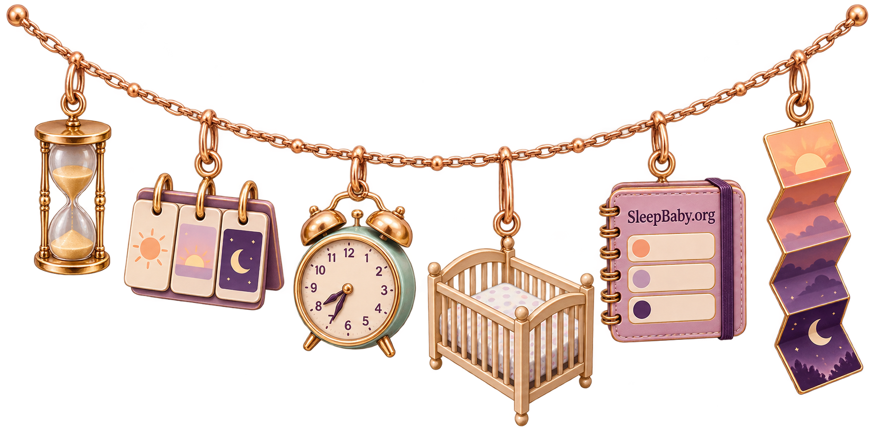 Gold charm strand with an hourglass, day-to-night flip cards, alarm clock, empty crib, SleepBaby.org log, and accordion evening strip.