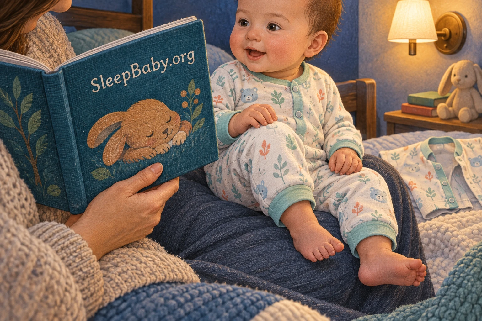 An awake baby in loose pajamas sits on a caregiver's lap with one knee bent beside a SleepBaby.org book.