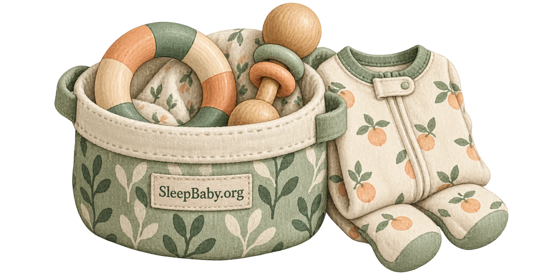Fabric toy basket with a play ring and rattle beside folded footed pajamas.