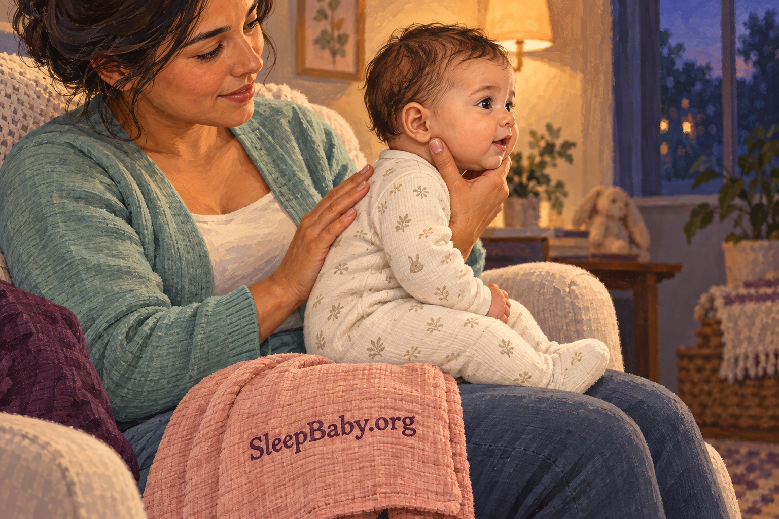 Illustration of a caregiver supporting a seated baby at the chest and jaw, with the other hand resting on the back and a peach burp cloth on her lap.